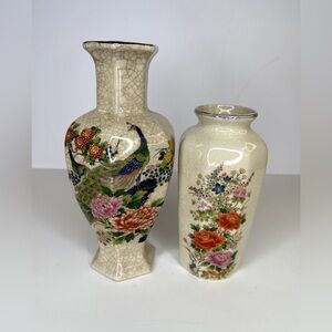 Vintage Japanese Vases Set of 2 – Peacock & Floral Crackle Glaze 6.25” & 7”